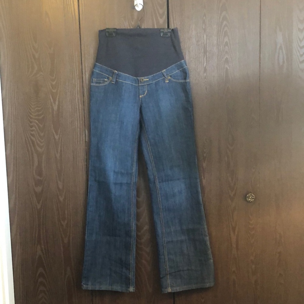 THYME MATERNITY JEANS DARK STRAIGHT LEG - BOOT CUT STRETCHY 44”x32.5” XS #049